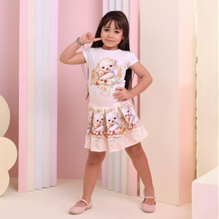 Conjunto Menina Saia com Shortinho por Baixo Ursinhos Sublimado Moda Blogueirinha 2/4/6/8/10 Anos em Oferta na Shopee