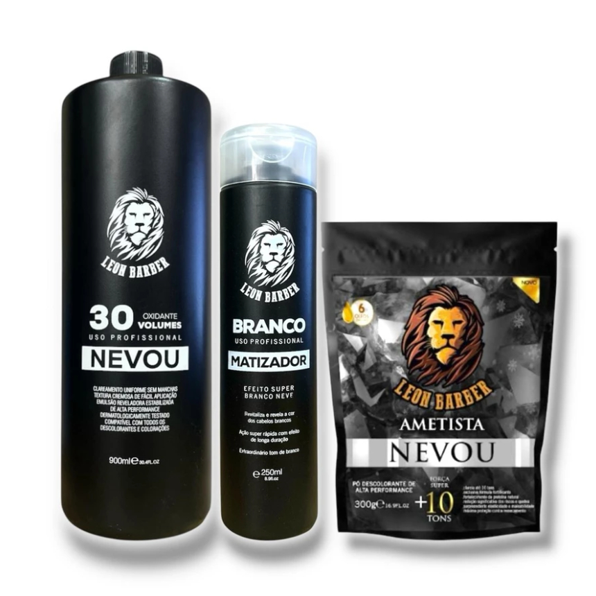 Kit Pó Descolorante Ametista 300g + Matizador Branco 250ml + Água Oxigenada 900ml (30 Volumes) – Leon Barber