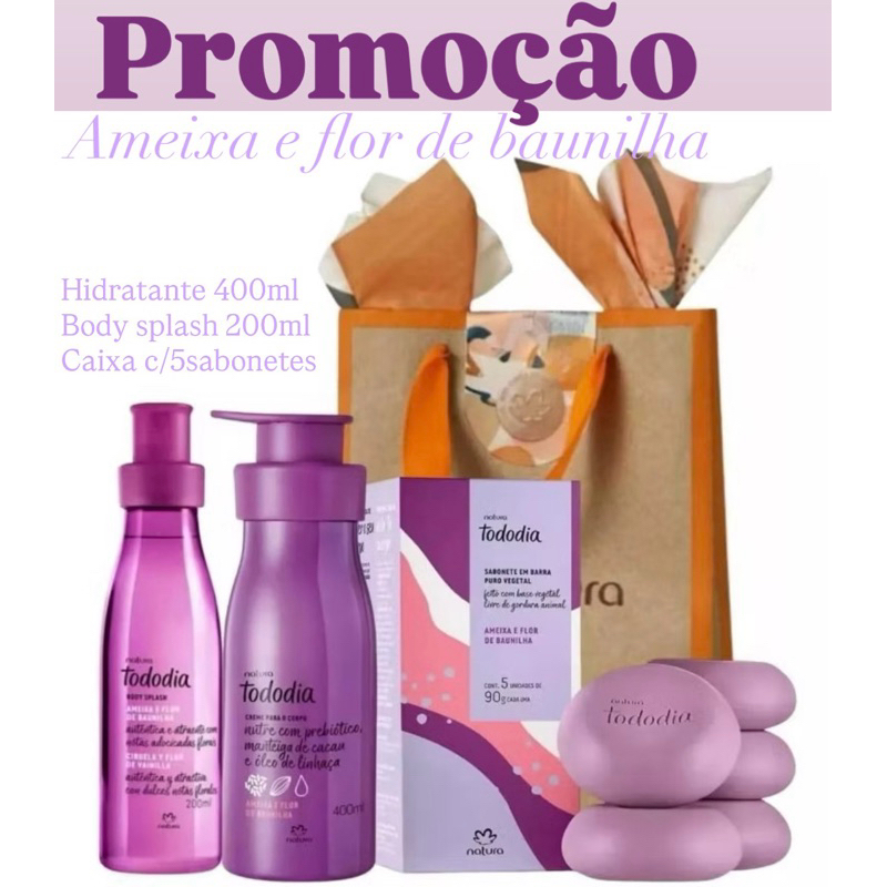 Ameixa e flor de baunilha Natura Tododia kit hidratante com Body splash em Oferta na Shopee