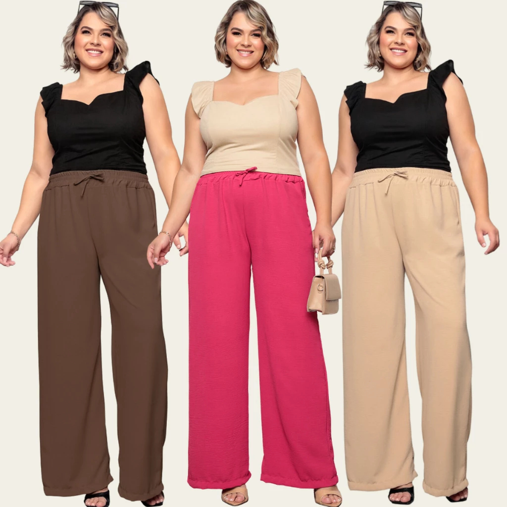 Calça Pantalona Feminina Plus Size Cintura Alta com Elástico e Bolsos Tecido Duna Premium