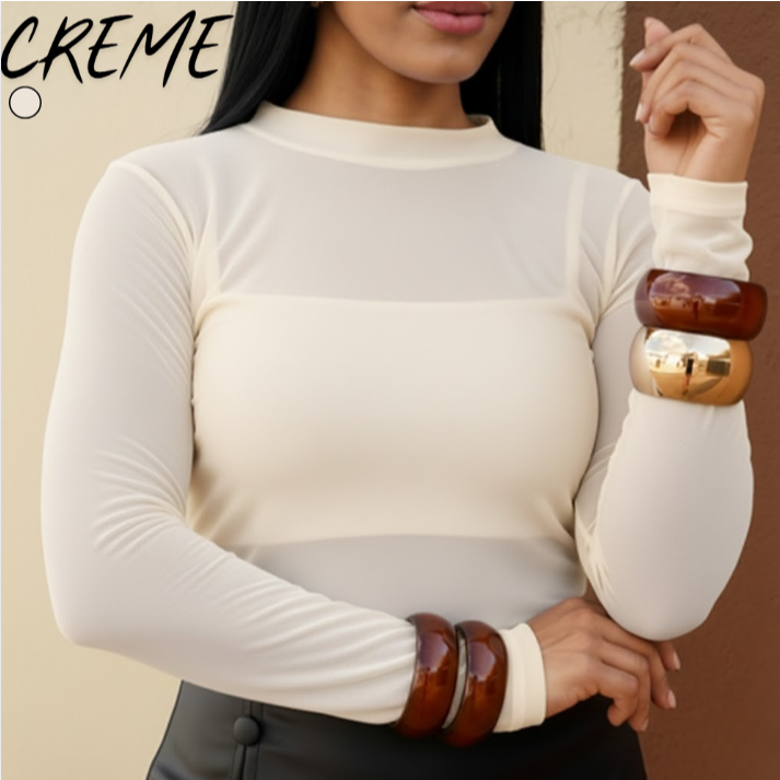 Gola Simulada Blusa de Tule manga longa Malha Transparente Sem Sutiã Moda / Casual Tendencia 2026 ( tam M - GG - Plus)