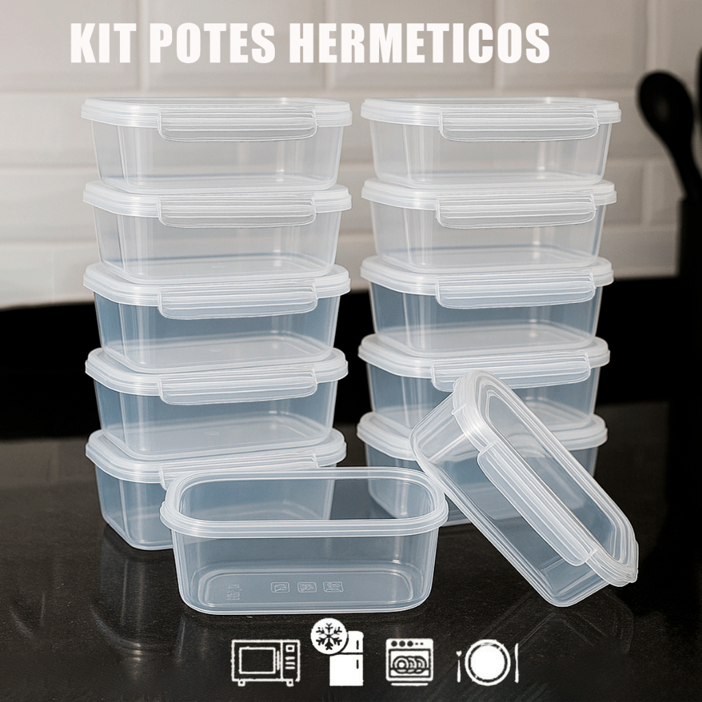 Kit Potes Marmita 750 Ml Hermético de Plástico com Trava Micro-ondas e Freezer — R$ 23,99 em Shopee, 50% OFF