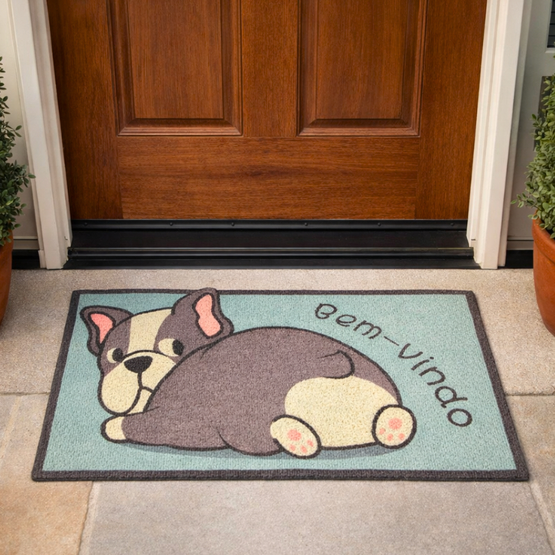 Tapete Capacho 36,5x60cm Porta Antiderrapante Bem Vindo Cachorro Gato