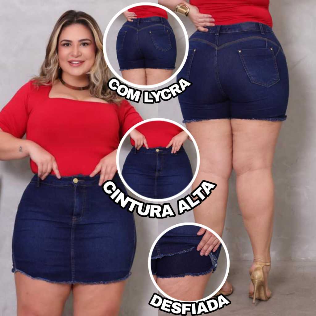 Short Saia Jeans Feminina Plus Size com Lycra Com Zípe Lateral e na Frente Cintura Alta Empina Bumbum