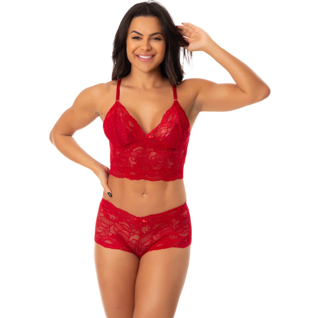 Conjunto Renda Espera Marido Croped Alça Regulável Calcinha Shortinho Forro Algodão Lingerie