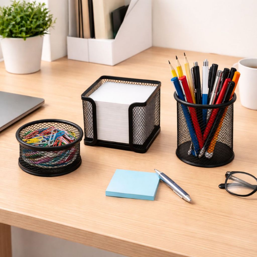 Kit Organizador de Mesa em Metal Preto 3 Porta Caneta Recados e Clips para Escri