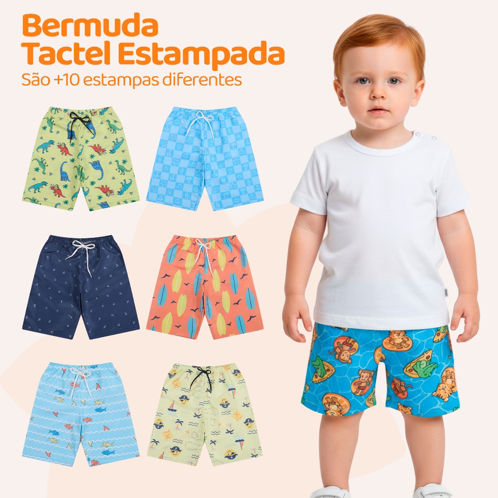 Kit 1, 4 ou 5 Bermuda Tactel Sortidas Shorts Menino Infantil Masculino Moda Praia Verão Estampada