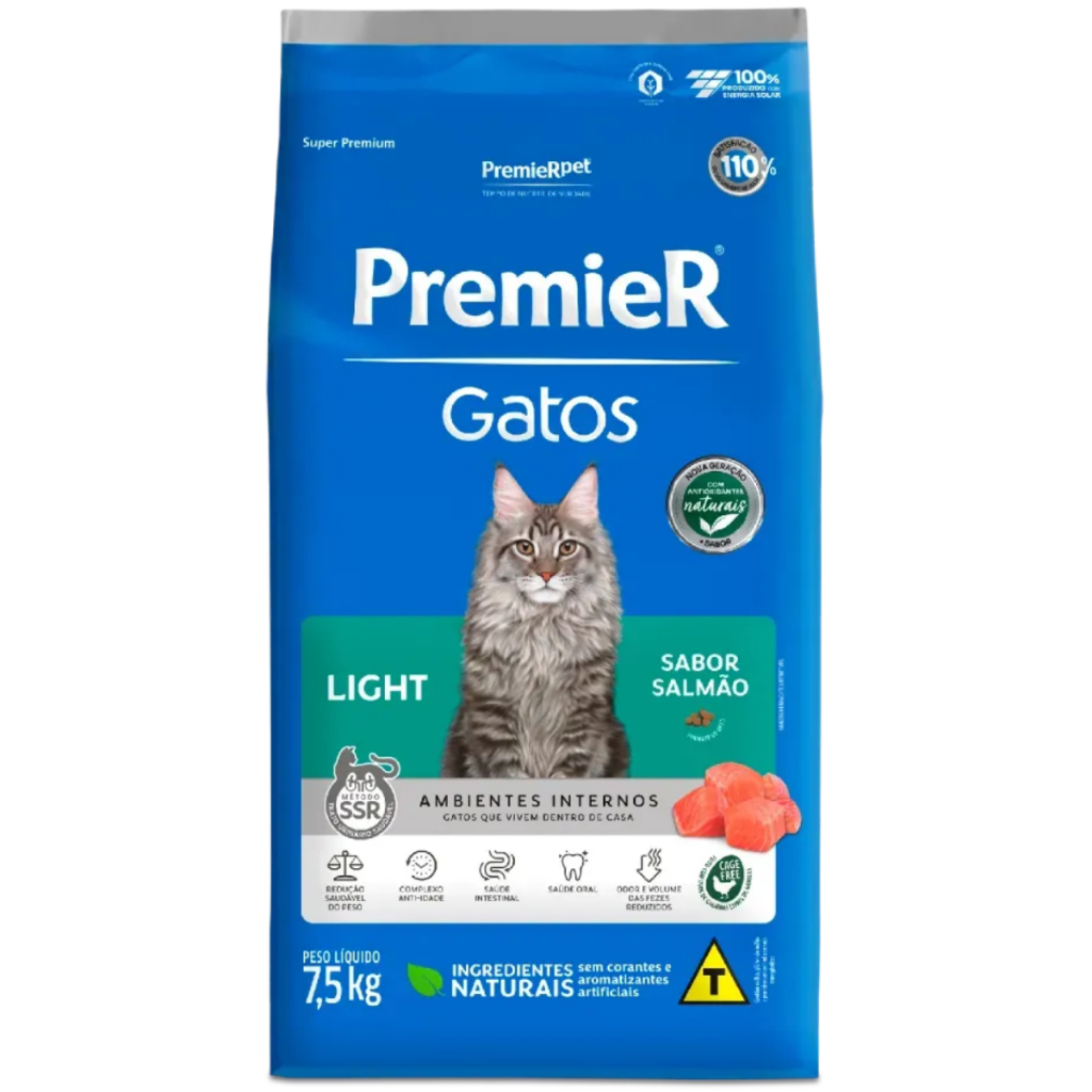 Ração Premier Amb. Interno Gatos Adulto Light Salmão 7,5 Kg