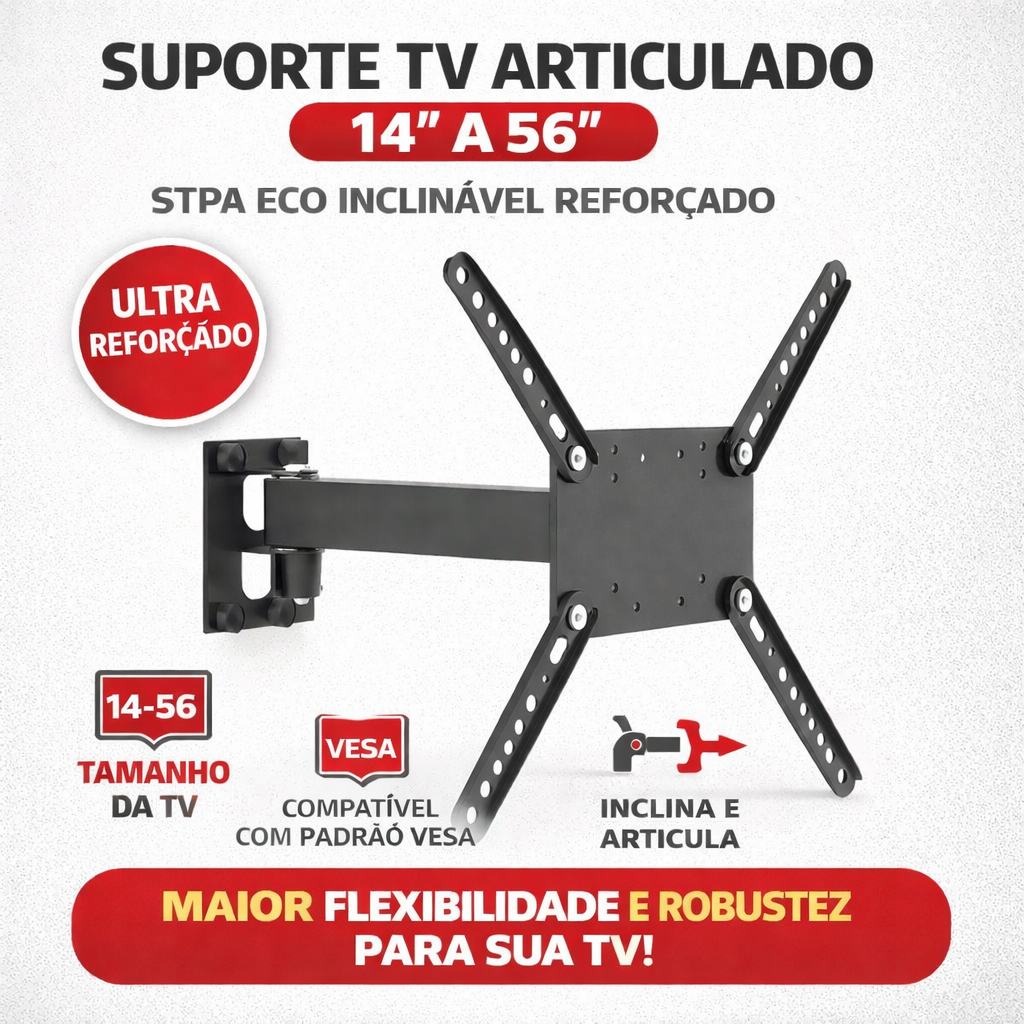 Suporte TV LED LCD Universal Bi Articulado Movimento e Inclinação para Tvs de 14 até 56 Polegadas