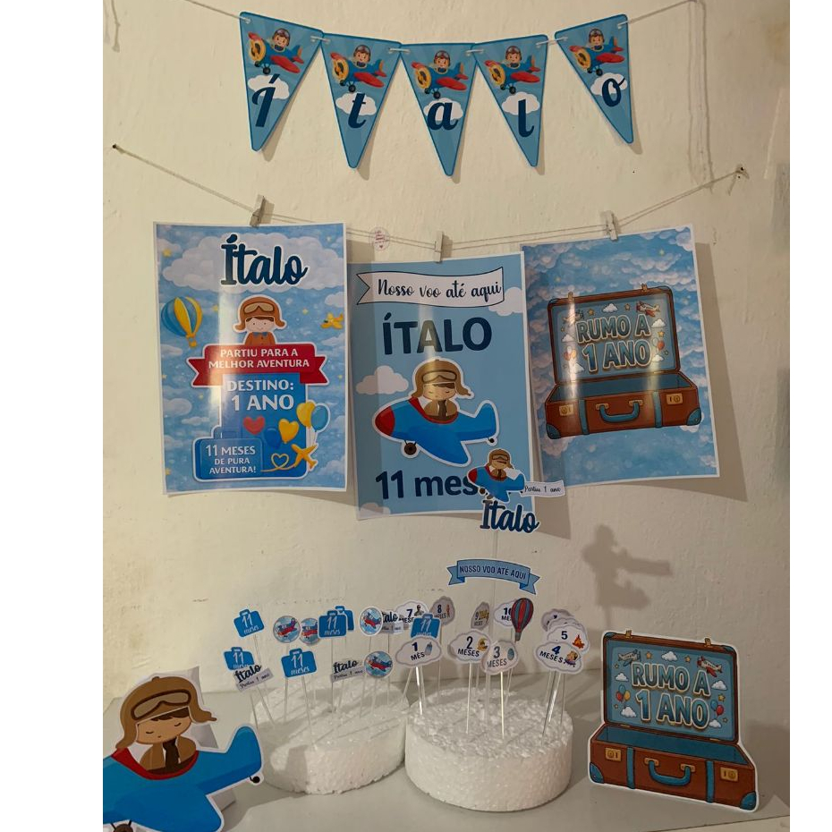 Kit festa so um bolinho O tempo Voa/Nosso Voo Até aqui Retrospectiva  11 meses/ Aviador 11 meses em Oferta na Shopee