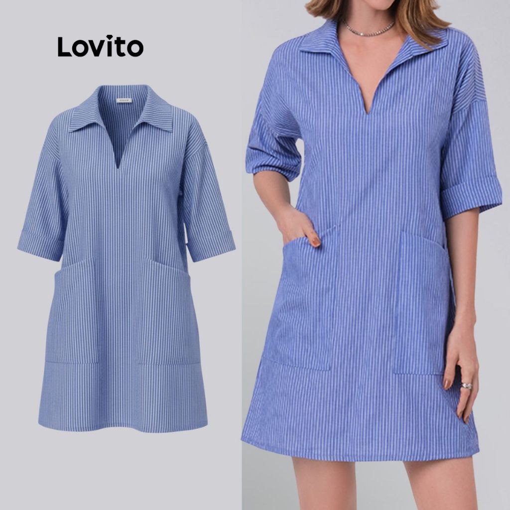 Lovito Vestido Curto Elegante Azul Listras Trabalho  Gola Camisa  Manga Curta Feminino B17BRL046 em Oferta na Shopee