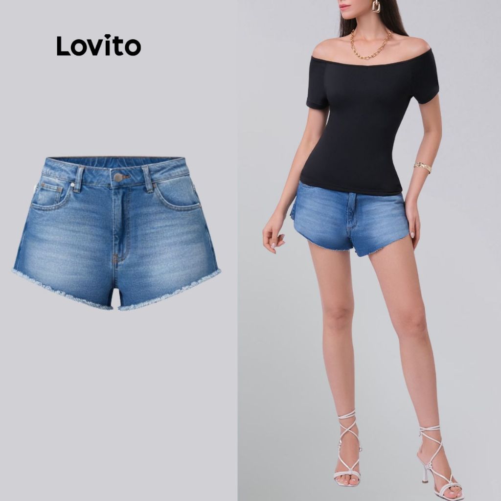 Lovito Shorts Jeans Feminino Curto Casual Básico LBRL050 em Oferta na Shopee
