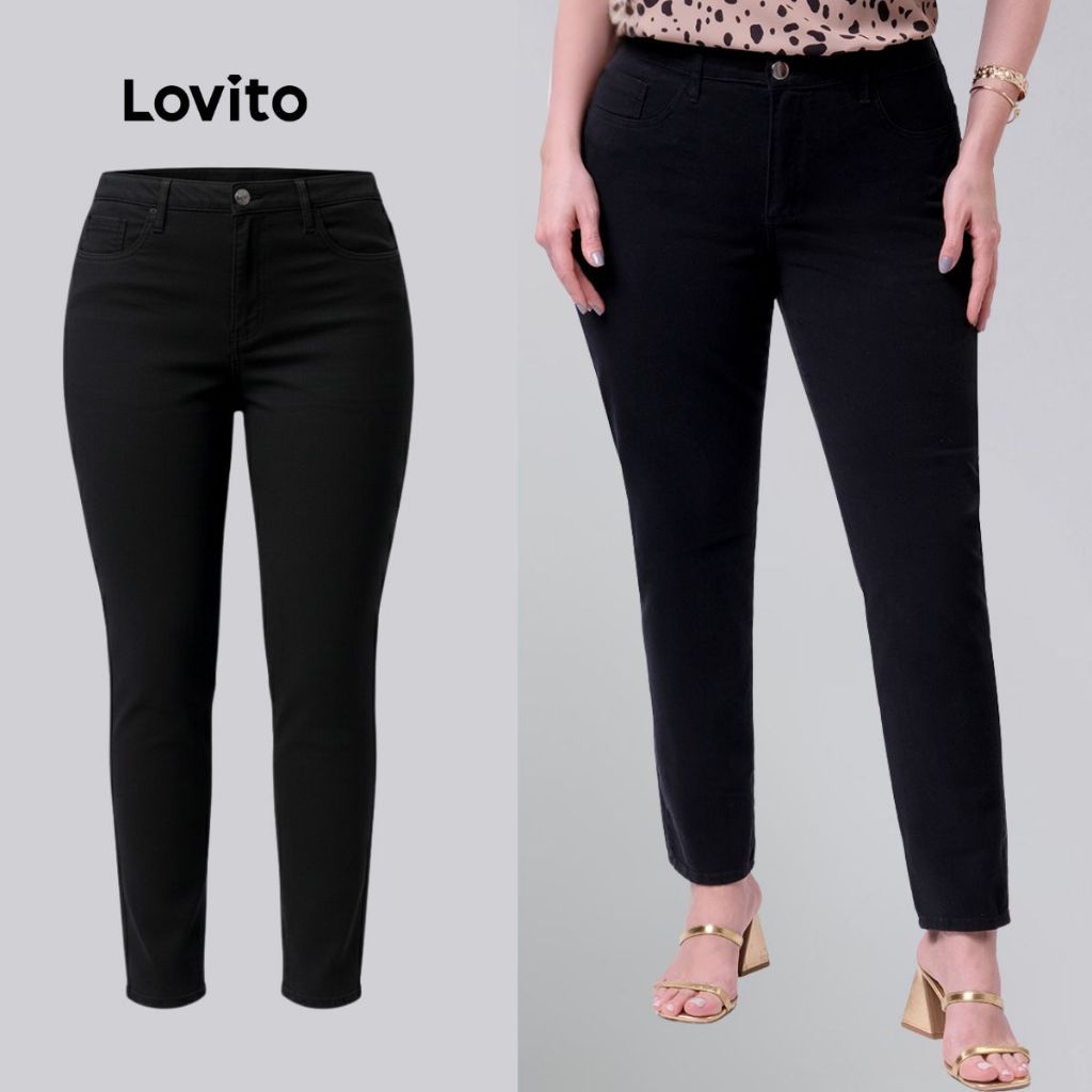 Lovito Calça Jeans Feminina Skinny Básica Plus Size LB183BRL212 em Oferta na Shopee