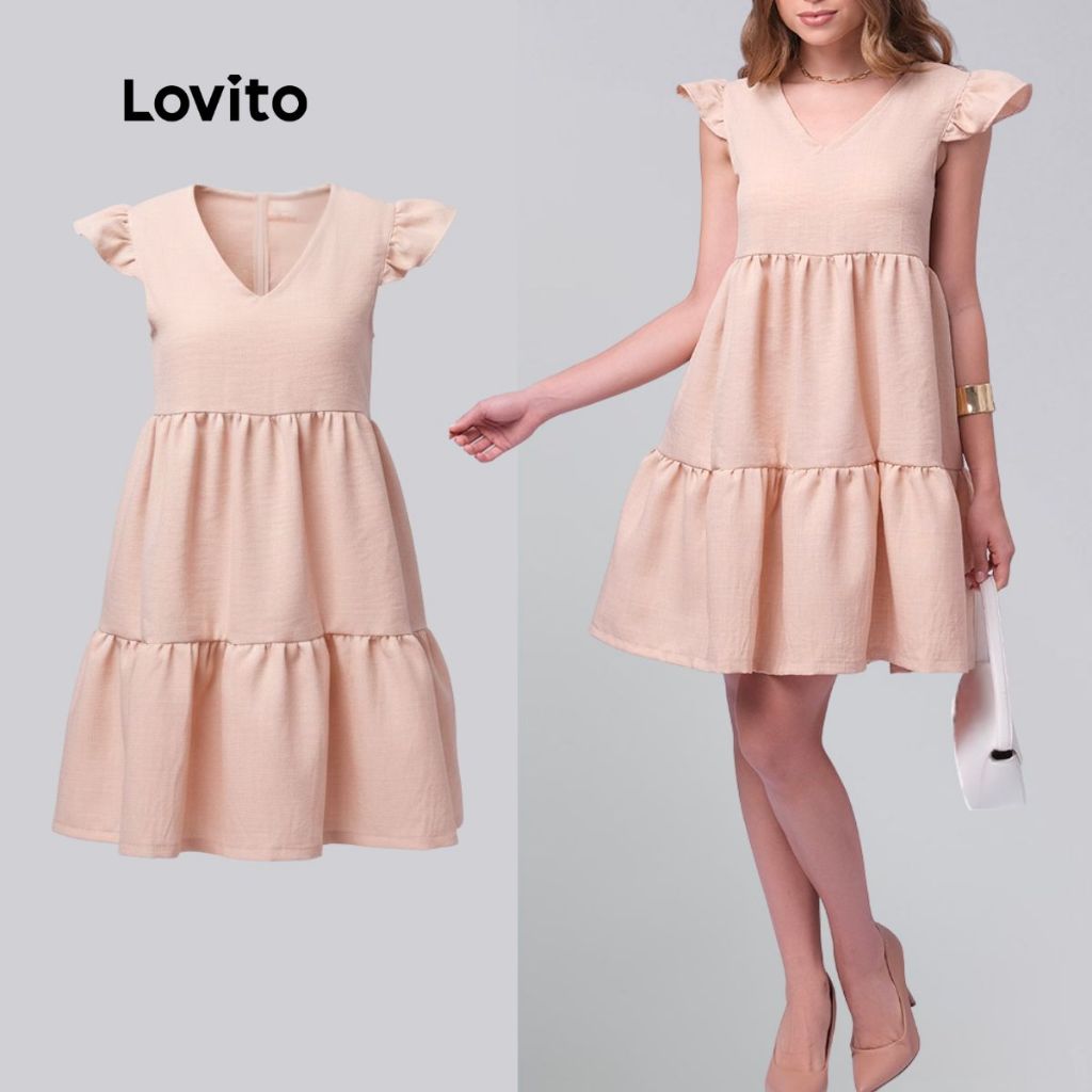 Lovito Vestido Curto com Babado Decote Quadrado Liso Feminino LB266BRL295 em Oferta na Shopee