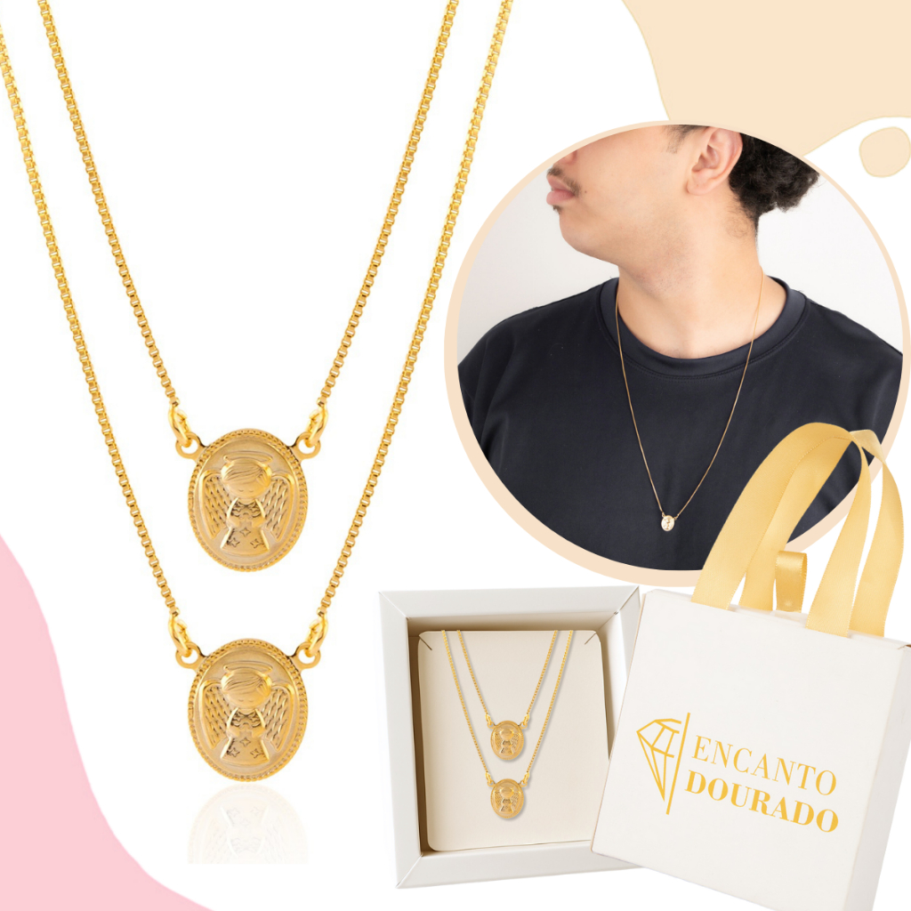 Corrente Escapulário Masculino Dourado Banhado a Ouro Anjo da Guarda
