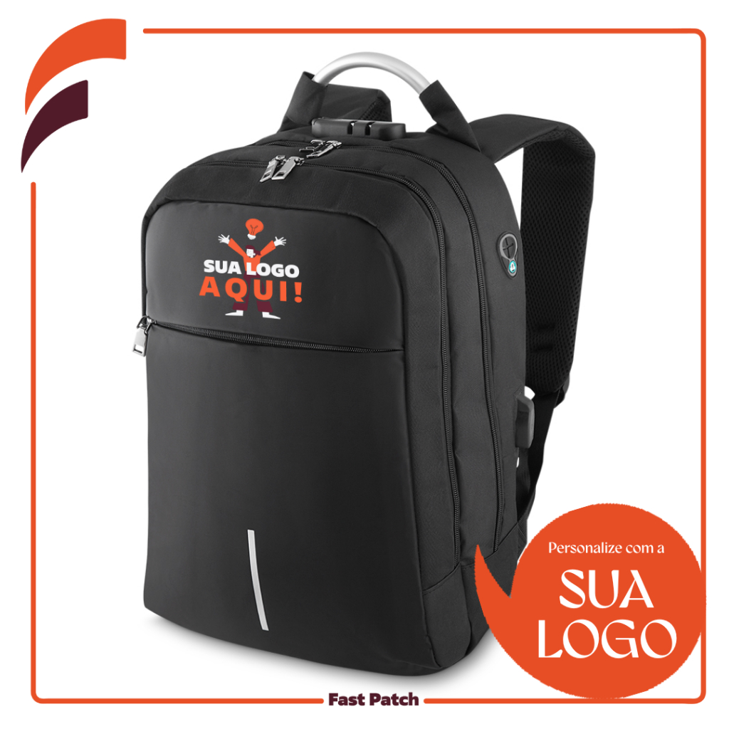 Mochila Personalizada com sua Logo Estilo Corporativo Espaçosa com porta USB e Trava de Segurança