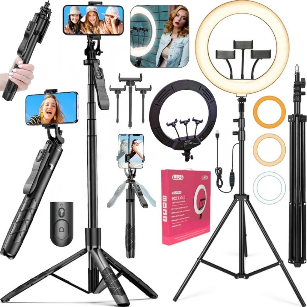 Kit Ring Light Luz Led Grande 36cm Tripé Bastão Retrátil 170cm Foto Vídeo Filmagem