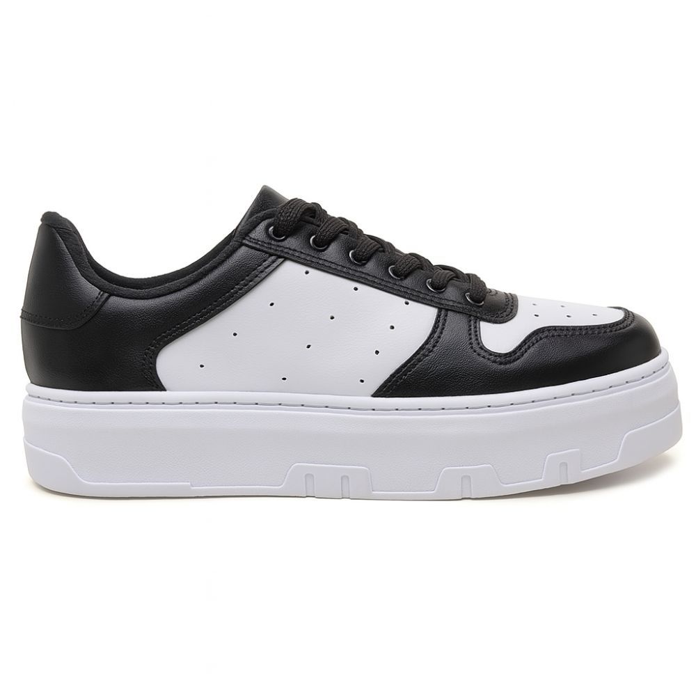 Tênis Feminino Branco Bege e Preto com Cadarço Sola Confortável Alta Urbano Moderno Sneaker Versátil