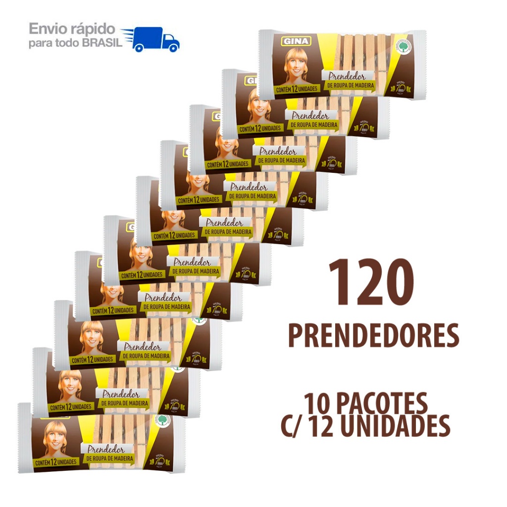 Kit 120 Und Prendedor de Roupa Madeira Gina Pregador para Varal ou Artesanato Pinus 10 pacotes c/12