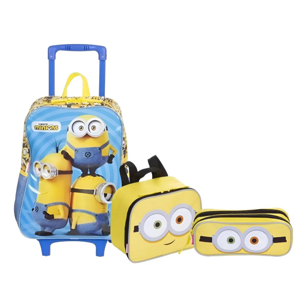 Kit Mochila Escolar Infantil Turma Dos Minions Rodinhas G Azul Minions