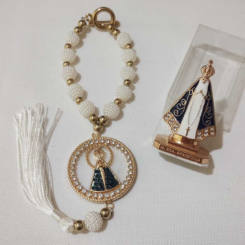 KIT: 1 Terço Dezena + 1 Painel de Carro Nossa Senhora Aparecida - Fundo Madre Pérola