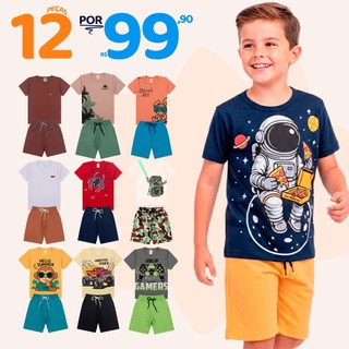 Kit Sortido 12 Peças de Roupas Infantil Menino 6 Camisetas + 6 Bermudas - Kit com 6 Conju…