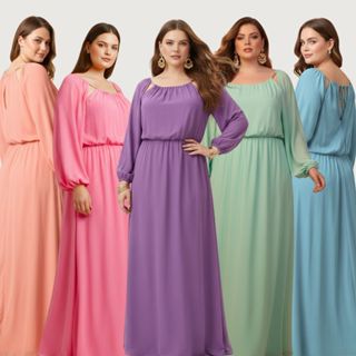 Vestido Longo Feminino Plus Size em Crepe com Manga Longa e Detalhe nas Alças Elegante e Confortável em Oferta na Shopee