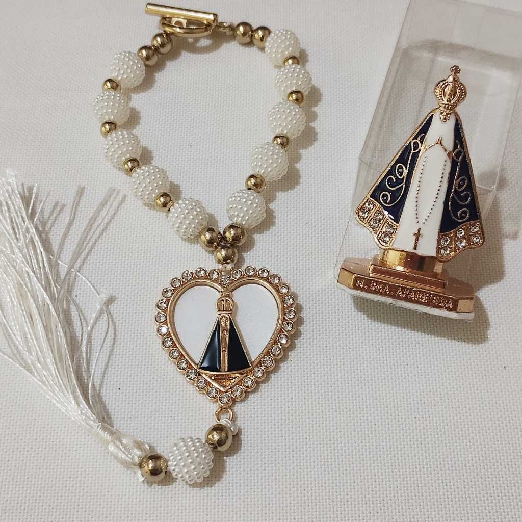 KIT: 1 Terço Dezena + 1 Painel de Carro Nossa Senhora Aparecida - Modelo Coração Delicado