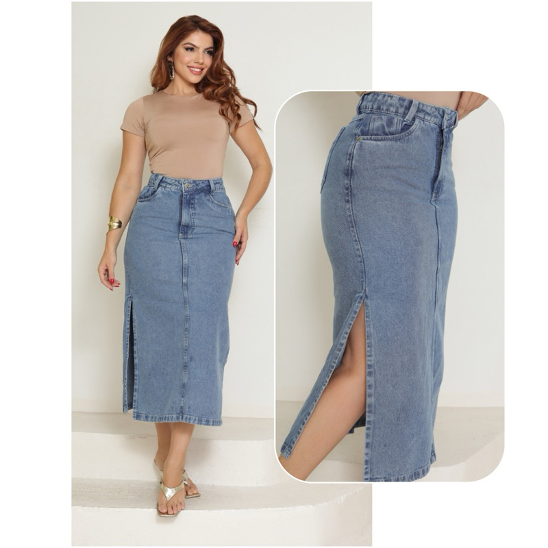 Saia Midi Longa Jeans Abertura Lateral Cintura Alta em Oferta na Shopee