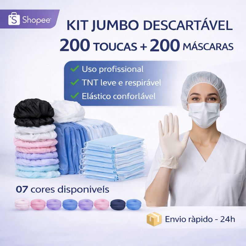 Kit 200 Máscaras + 200 Toucas Descartáveis p/ Proteção Facial Salão, Clínica & Cozinha,Estetica