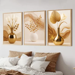 Kit 3 Quadros Decorativo 40x60 Moldura Grande Dourado Vaso Luxo