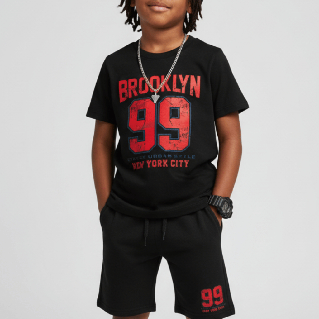 Conjunto Infantil Streetwear Brooklyn 99 Camiseta 100% Algodão + Bermuda Moletom New York Estampa Premium