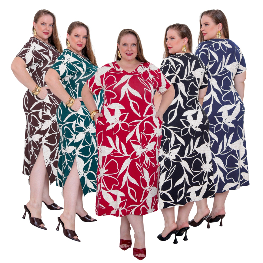 Vestido Plus Size Feminino Estampado Viscolycra Midi Longo com Bolsos Laterais Fendas veste 44 ao 56 em Oferta na Shopee