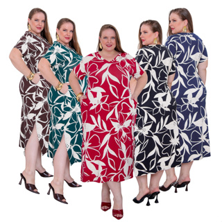 Vestido Plus Size Feminino Estampado Viscolycra Midi Longo com Bolsos Laterais Fendas veste 44 ao 56 em Oferta na Shopee