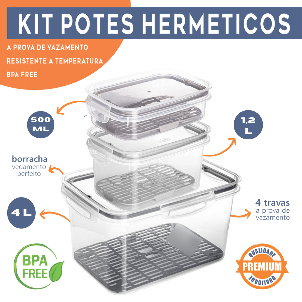 Kit 3 Potes Herméticos Porta Frios C/ Travas Cesto Escorredor Organizadores De Alimentos Frutas