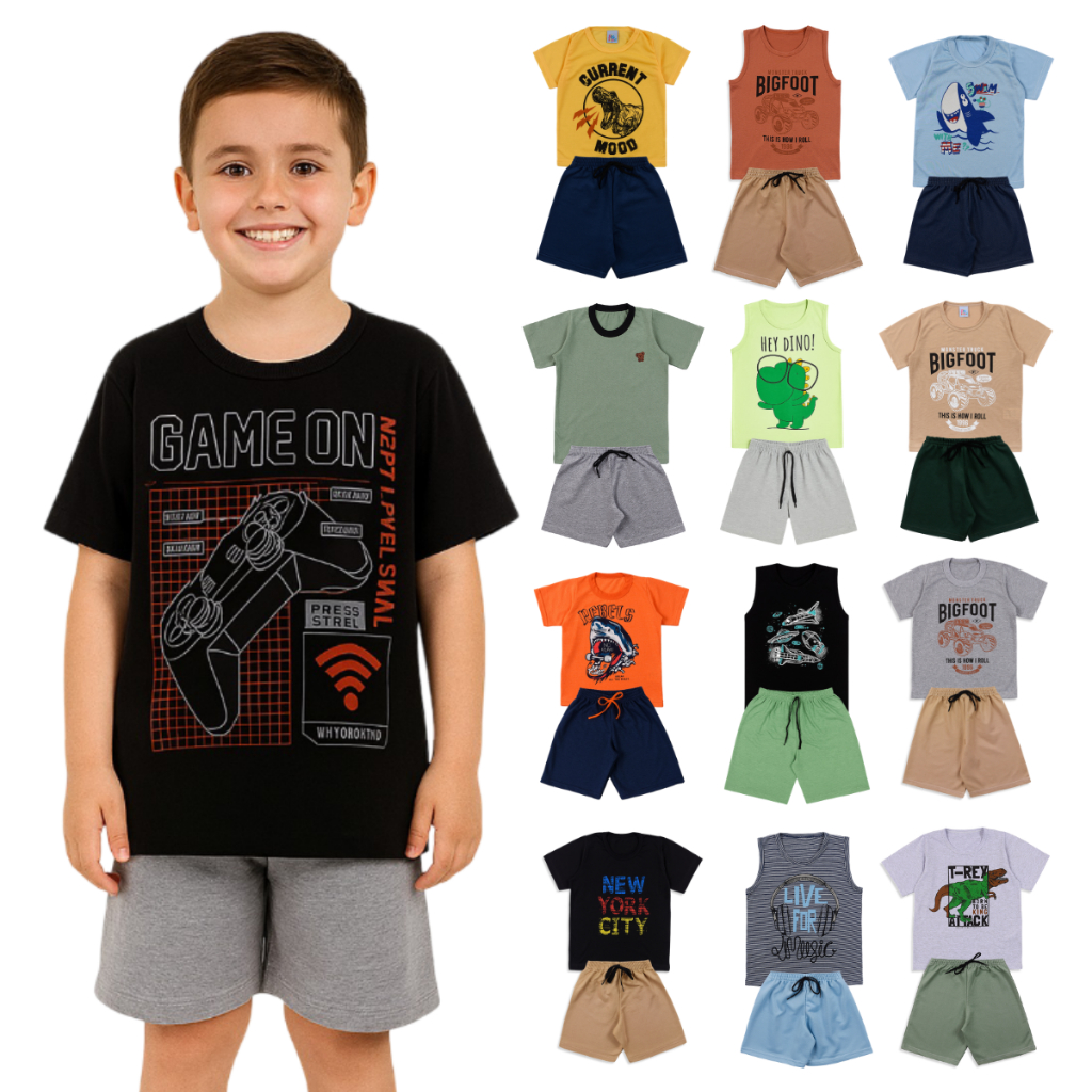 Kit 10 Peças de Roupa Masculino Infantil Menino 5 Conjuntos Verão Bermuda, Camisa ou Regata de Malha