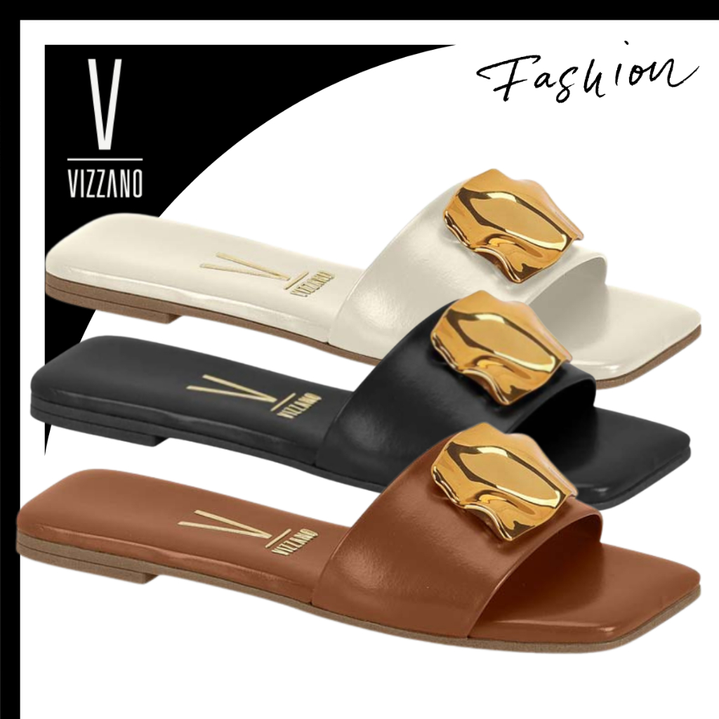 Sandália Rasteira Vizzano Slide Flat Casual Confortável Rasteirinha Detalhe Dourado Dia a Dia