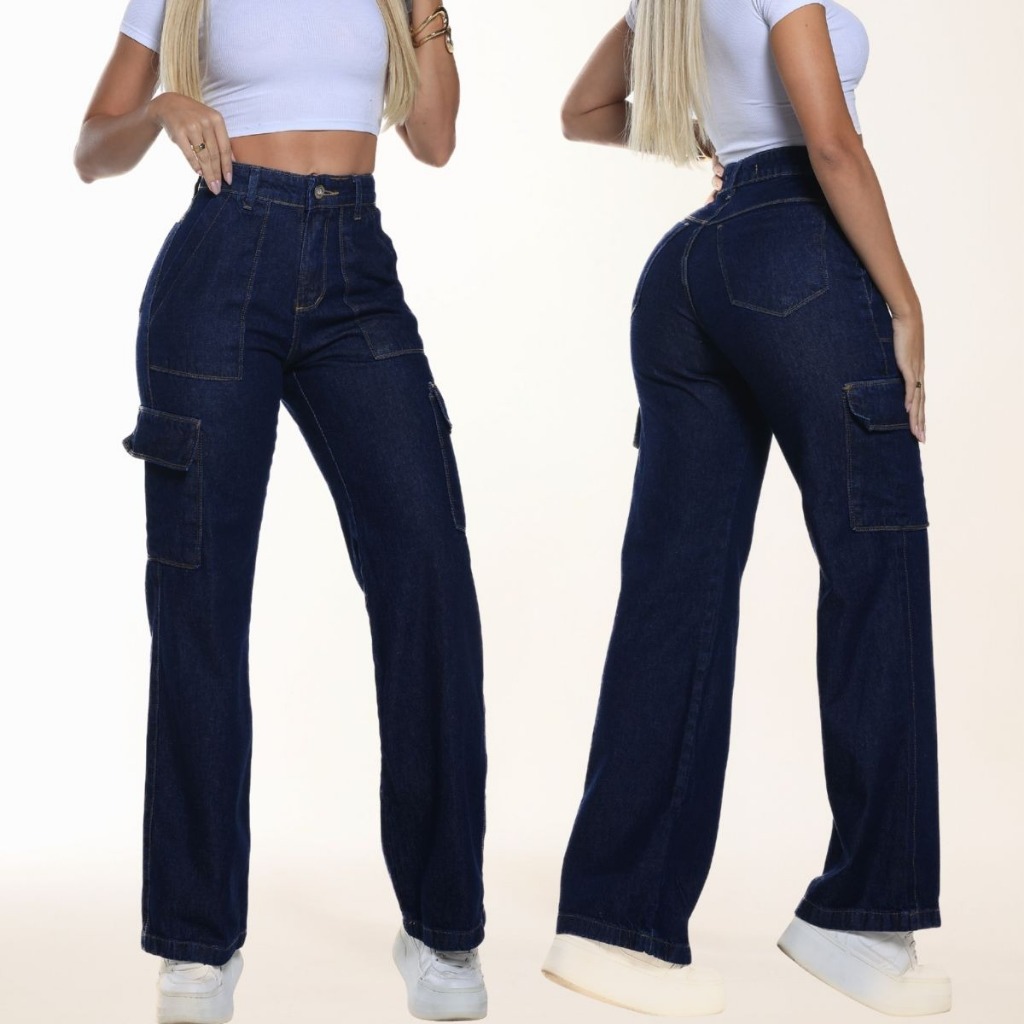 Calça Jeans Feminina Wide Leg Cargo Lisa Pantalona Cintura Alta 100% Algodão Premium Levanta Bumbum