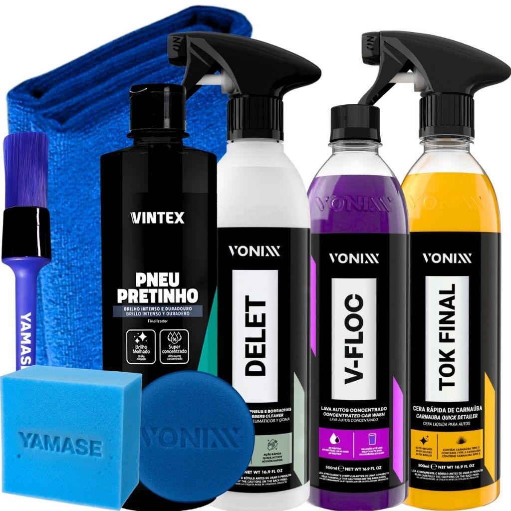 KIT CERA TOK FINAL SHAMPOO V-FLOC LIMPADOR DE BORRACHAS DELET VONIXX PNEU PRETINHO VINTEX