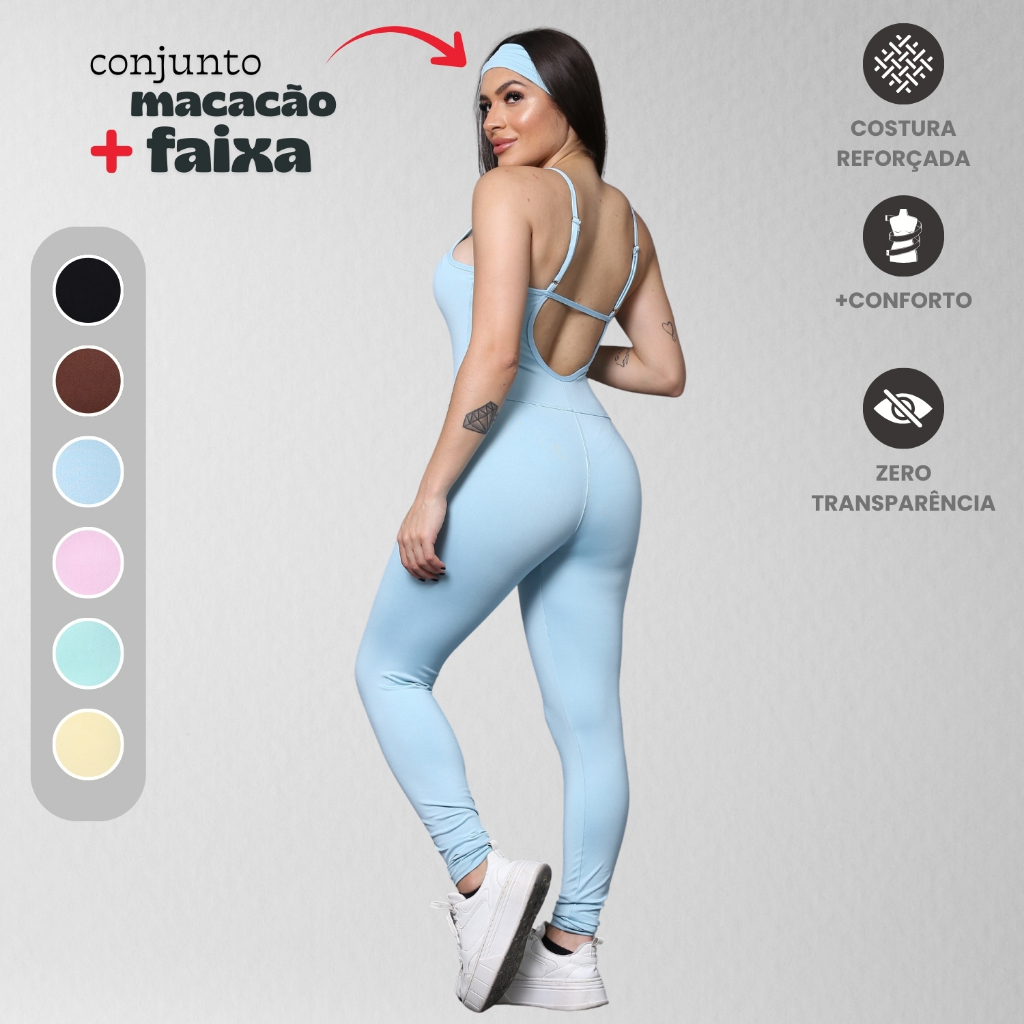 Macacão Longo Com Faixa Feminino Suplex Roupa Macaquinho Fitness Zero Transparência Confortável