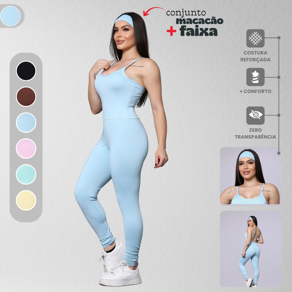 Macacão Longo Com Faixa Feminino Suplex Macaquinho Fitness Confortável Zero Transparência Academia