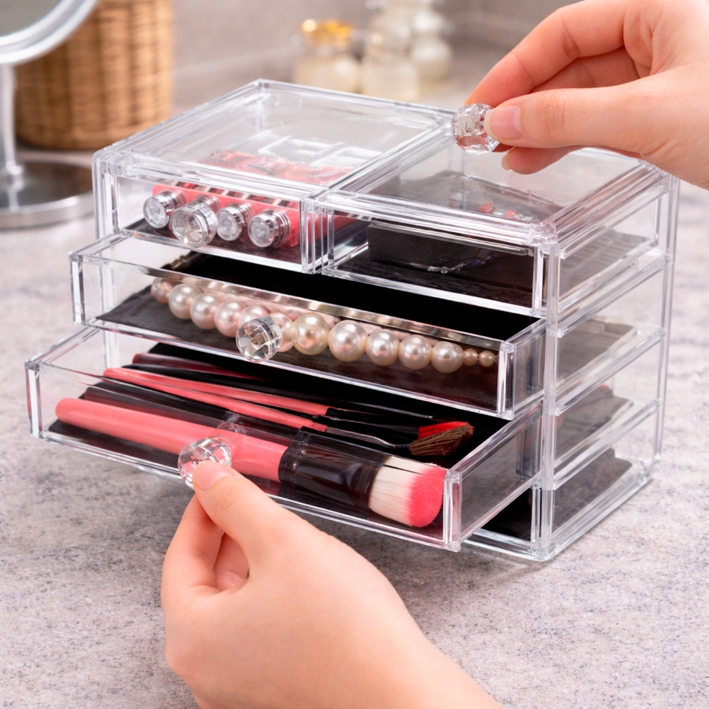 Organizador Multiuso em Acrilico Porta Objetos Joias Miçangas 4 Gavetas Maquiagem Miudeza Cosmetico