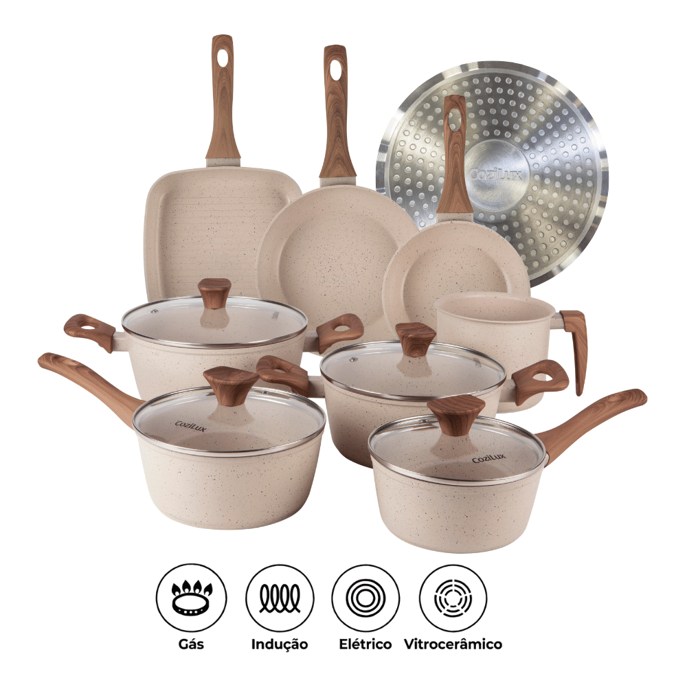 Jogo de Panelas Revestimento Cerâmico Antiaderente 8 Peças Cozilux Linen Ceramic em Oferta na Shopee