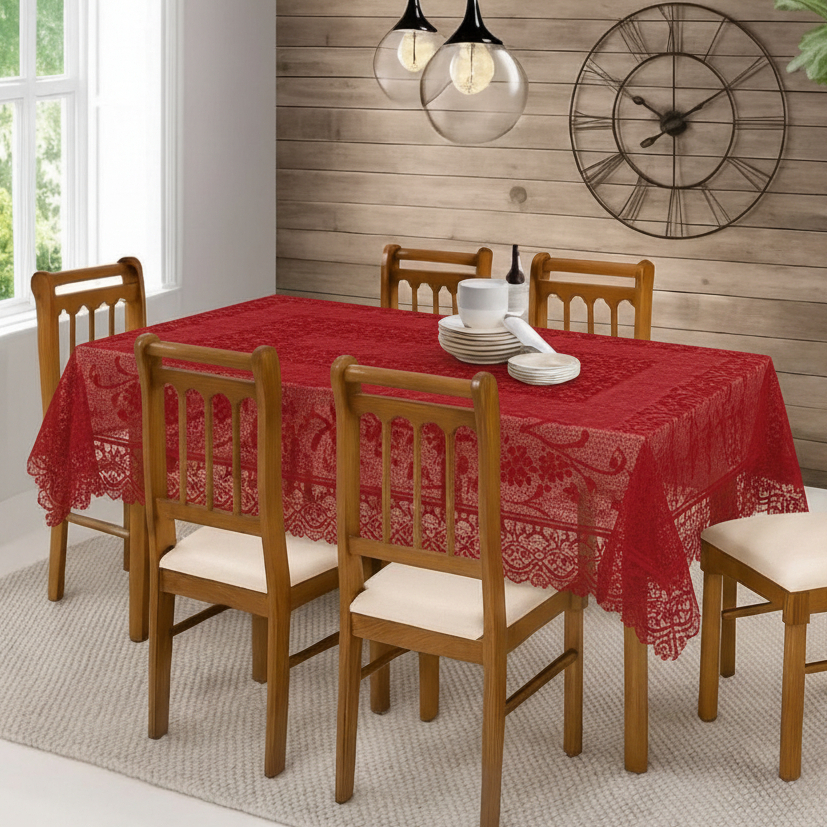 Toalha de Mesa em Renda 4 e 6 Cadeiras Coqueiro Vermelha Decorativa para Cozinha e Sala Elegante