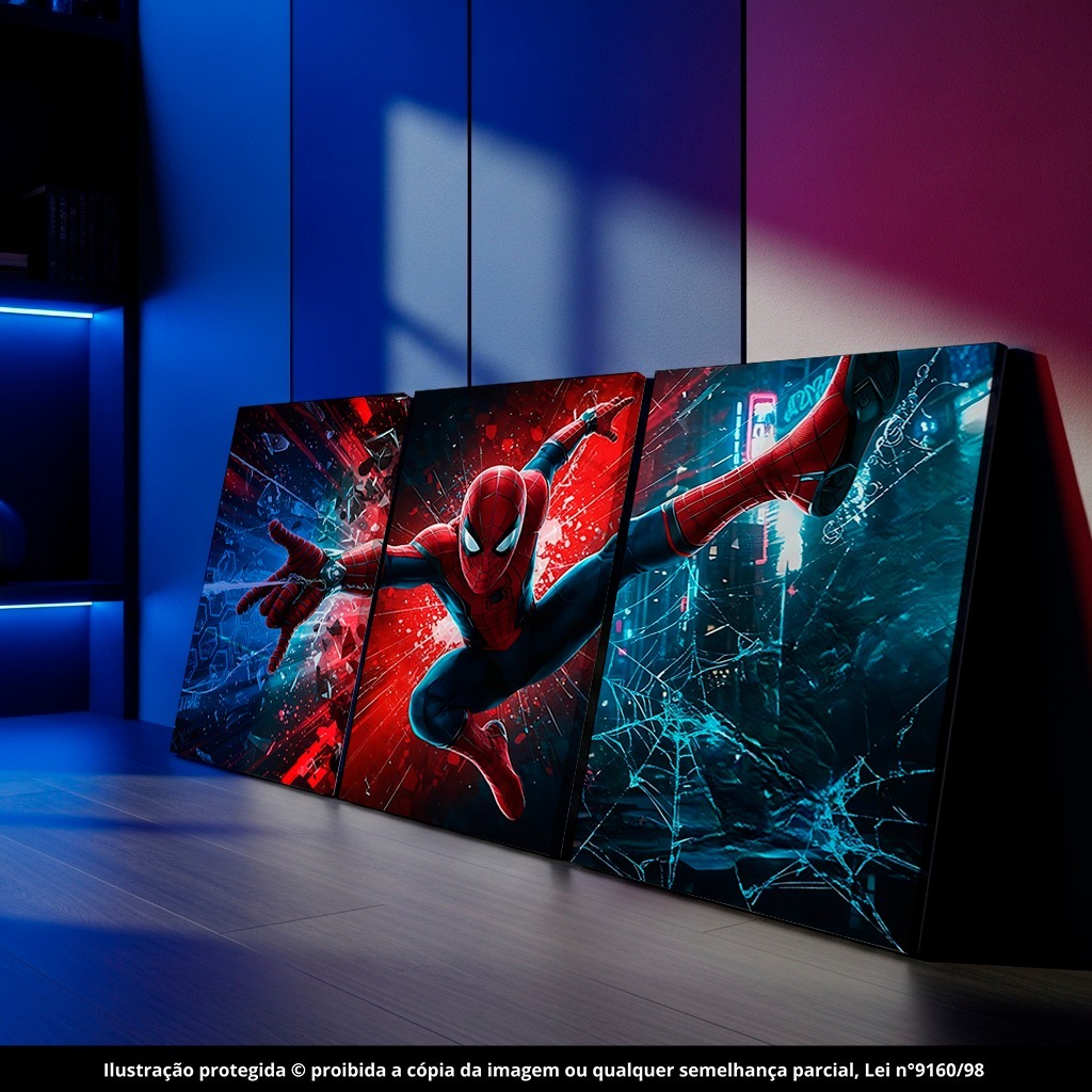 Kit 3 Quadros Decorativos Homem Aranha Spider Man Super Herói Luxo Sala Quarto Decoração Parede MDF