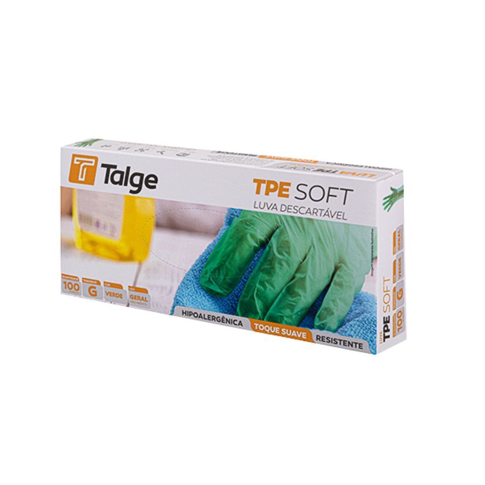 LUVA VERDE TALGE TPE SOFT 100 UNIDADES DESCARTÁVEL PROTEÇÃO E LIMPEZA
