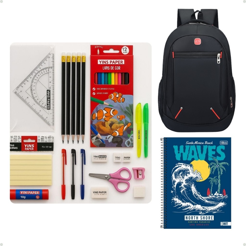 Kit Material Escolar - Volta As Aulas com Mochila e Caderno Completo