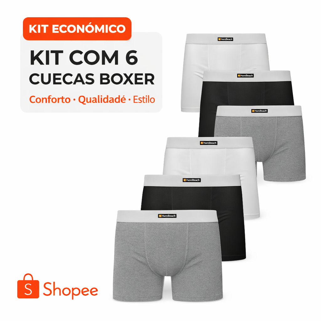 Kit 6 Cueca Boxer Masculina Algodão Conforto Premium HeroBeach Elástico Branco Zorba