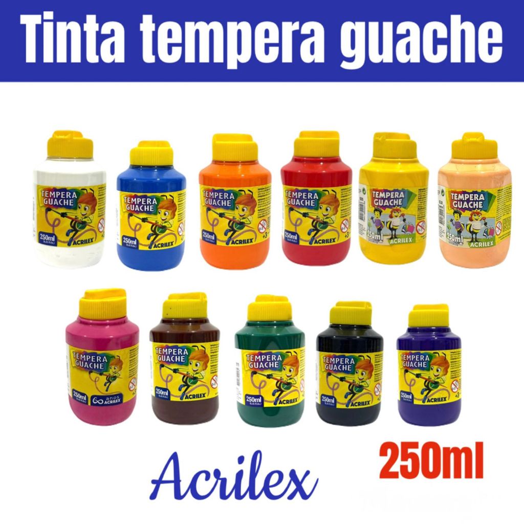 Tinta Guache Acrilex 250ml Sortida Atóxica Ideal para Escola e Artesanato