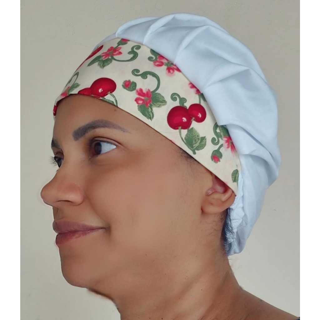 Touca de cozinha tecido tricoline 100% algodão estampada branca